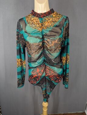 VTG Bluebell XL Bodysuit Striped Animal Prints Ruched Sheer Long Sleeve